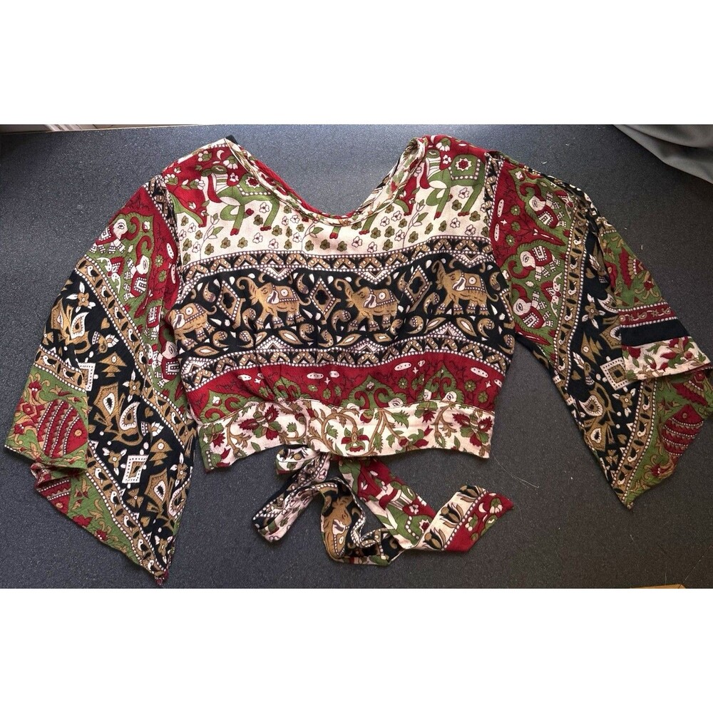Boho Multicolor Crop Top Flowy Sleeves Open Back With Tie Indie Festival